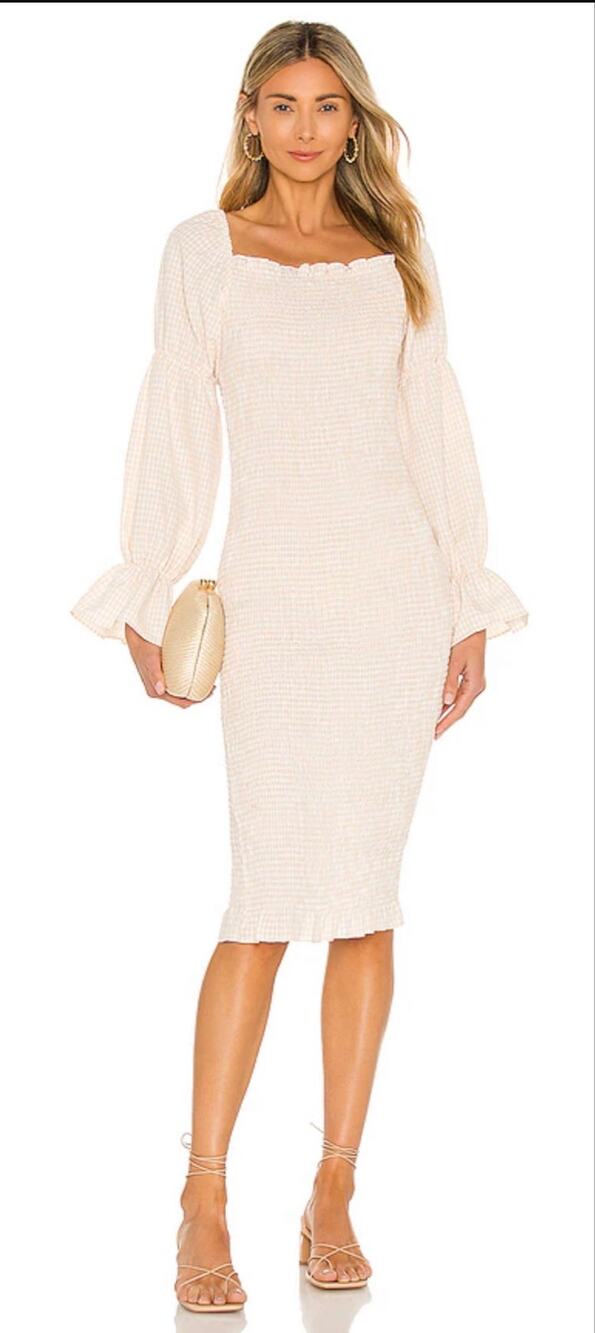 SNDYS Midi Dress Leona Apricot Gingham Puff Long Sleeve Smocked Body NWT size 8